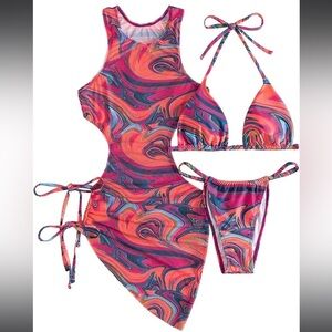 Sexy Pink Swirl Cutout 3pc Bikini Set - Swim or Rave